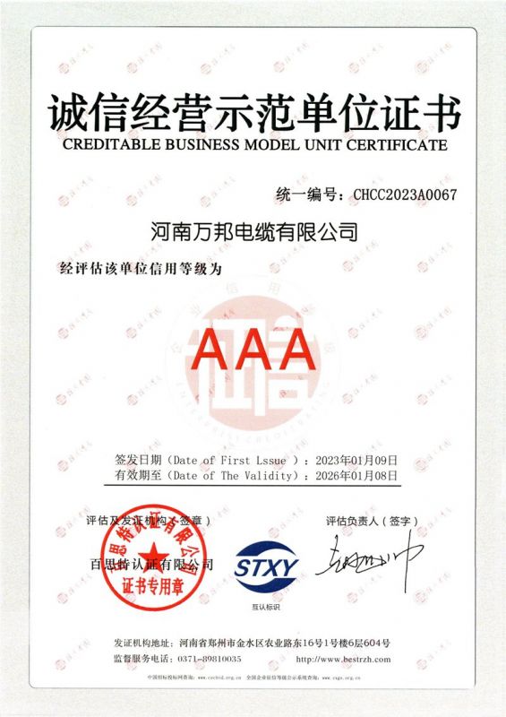 万邦-诚信经营示范单位证书